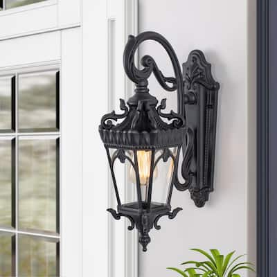 1-Light Matte Black Finish Die-cast Aluminum Outdoor Wall Lantern Sconce with Clear Tempered Glass - W 6.5"xD 11"xH 18.5"