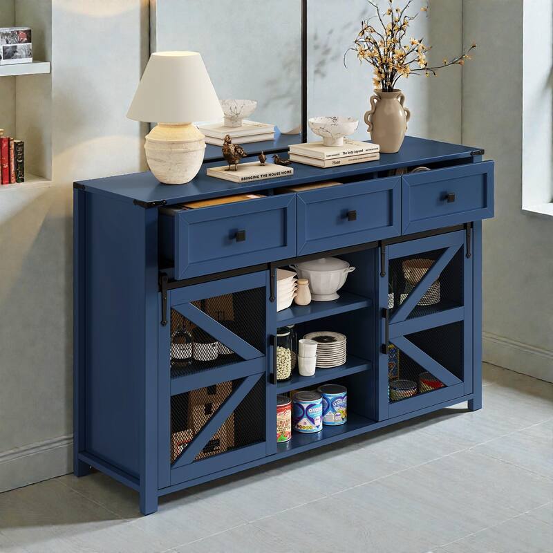 55" Sliding Barn Door Sideboard Buffet with 3 Drawers, Adjustable Shelves, Metal Mesh Doors & Aluminum Handles