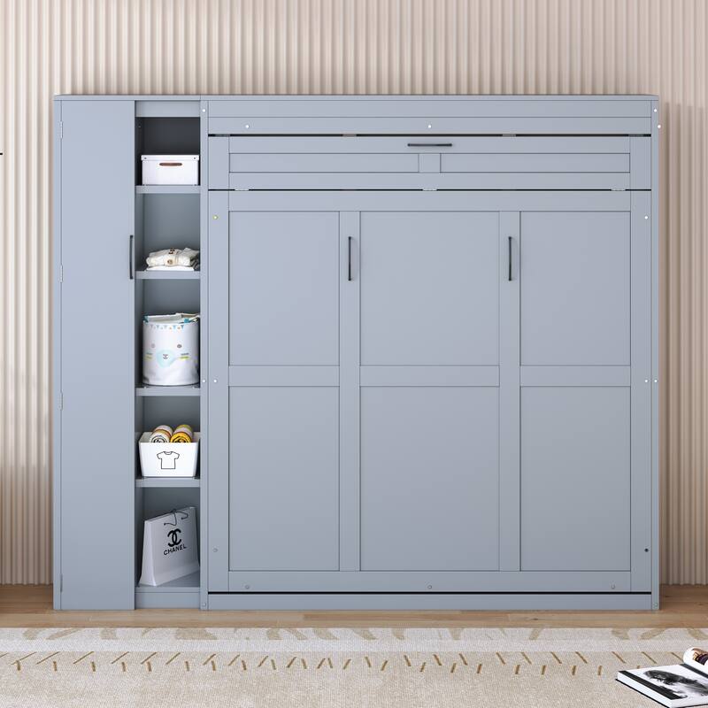 Multi-Functional Queen Murphy Bed with Storage Shelves, Wardrobe & LED, Ideal for Compact Spaces - Grey - Queen