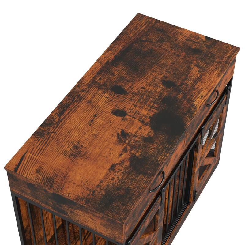 Double Dog Crate Furniture w/Drawers for Small Dogs, Rustic Farmhouse Dog Kennel End Table, Sliding Barn Doors - 47.2"W