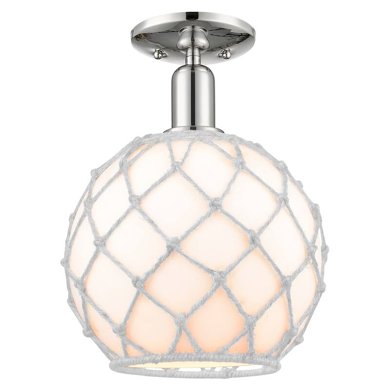 Innovations Lighting 716-1C-14-10 Farmhouse Rope Semi-Flush Farmhouse - Polished Nickel / White Glass with White Rope