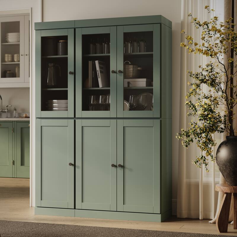 Palace Imports 100% Solid Wood 48.5" Pantry Cabinet with Clear Glass, Shaker Doors, 2-Drawers and Adjustable Shelves