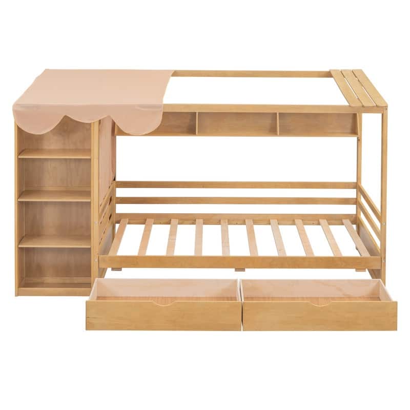 Twin Size Wood House Bed with Two Drawers,Shlves and Small Wardrobe