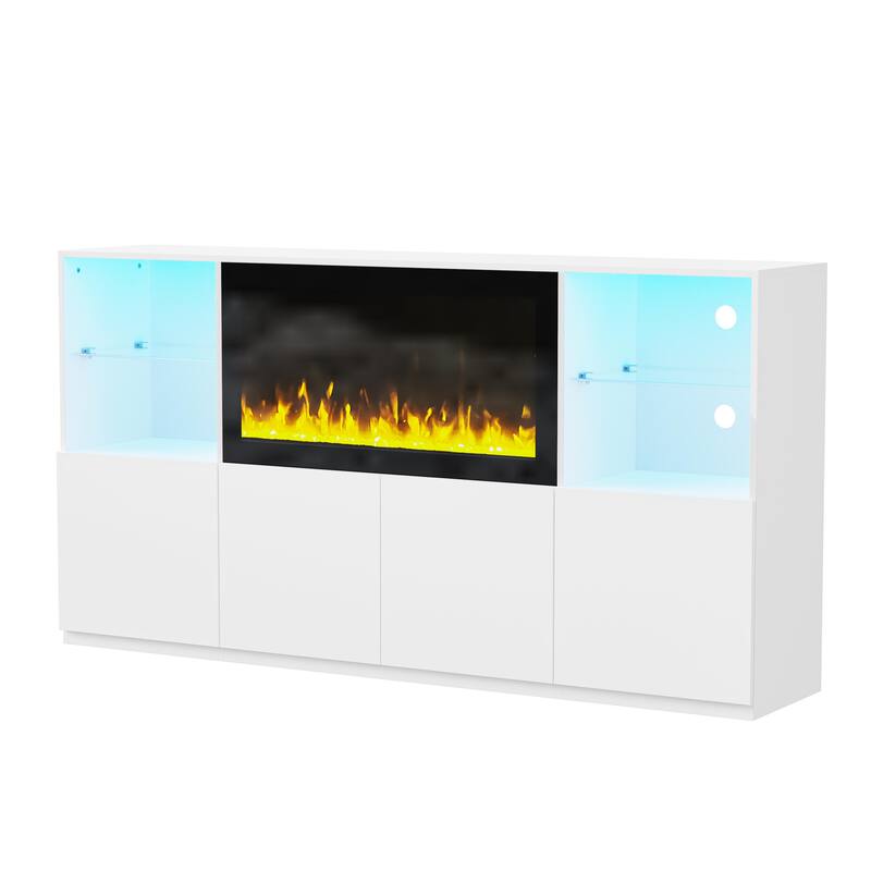 Modern LED TV Stand, for TVs up to 75 Inches with Electric Fireplace and Tempered Glass Shelf, for Living Rooms