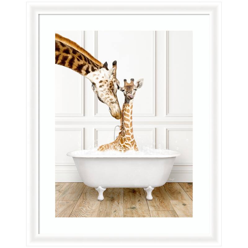 Kate and Laurel Mother and Baby Giraffe in Traditional Vintage Bathtub by Amy Peterson Framed Wall Art Print - 28 x 35 - White