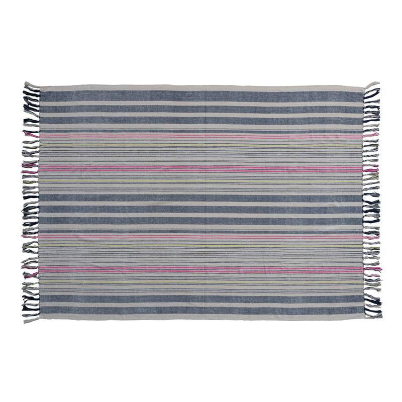 Cotton Blend Throw Blanket with Stripes and Fringe - Multi - 60.0"L x 50.0"W x 0.3"H