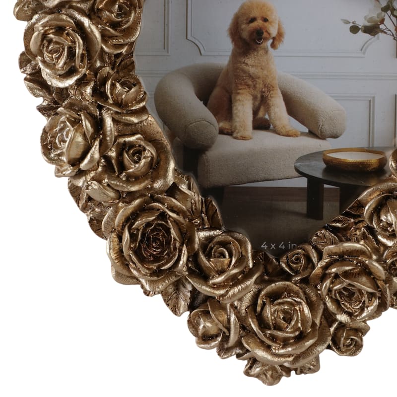 Polyresin Heart Shape Photo Frame 3D Rose Glam Style Decor - 6" Gold