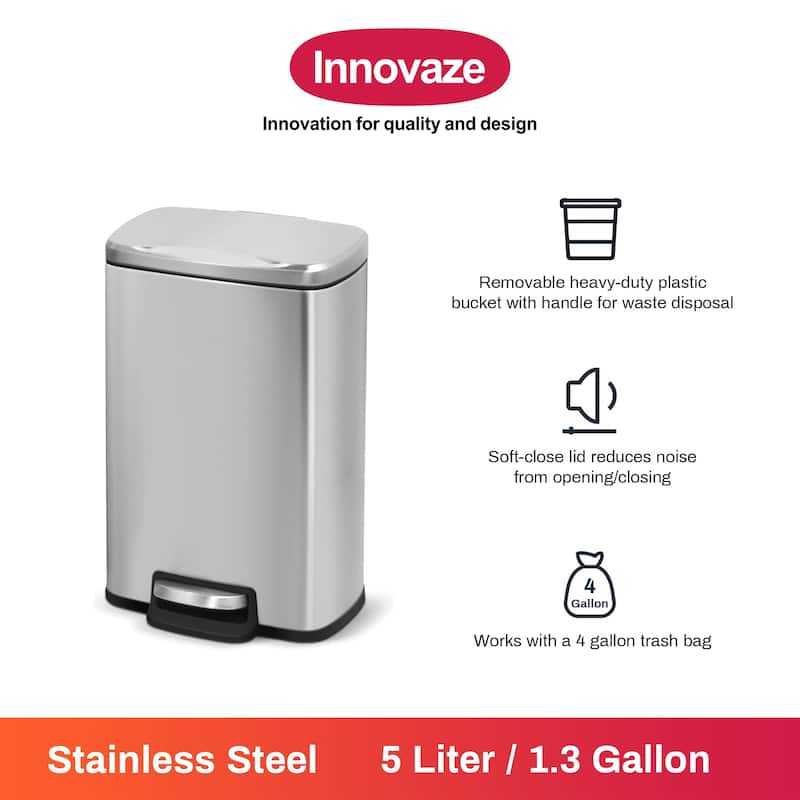 Innovaze 1.3 Gal./5 Liter Rectangular Stainless Steel Step-on Trash Can for Bathroom and Office