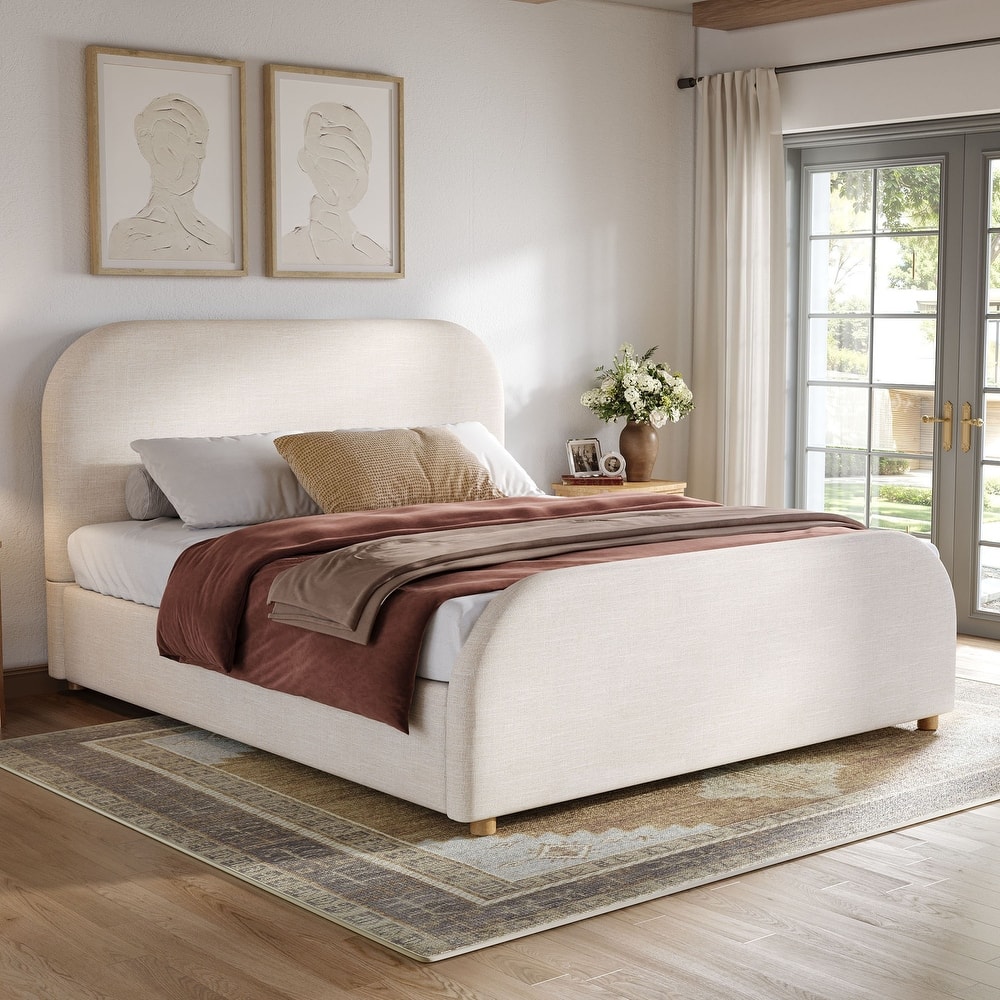 Christopher Knight Home - Thalassa Linen Bed Frame with Curved Headboard and Solid Wood Legs