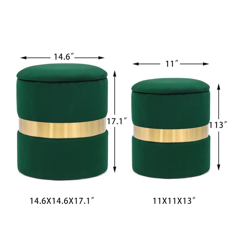 Adeco Set of 2 Velvet Storage Ottoman Round Foot Stool Metal Band