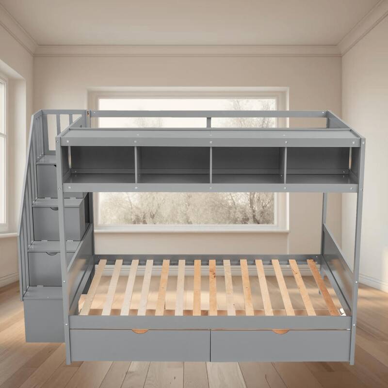 Twin over Full Size Bunk Platform Bed Frame with Storage Staircase, 2 Drawers and Shelves for Maximized Space, Bedrooms - Grey - Full