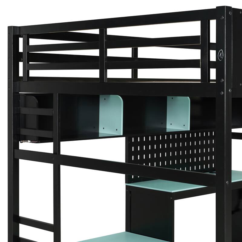 Full Size Wood Loft Bed with Storage Desk Shelves and LED Lights