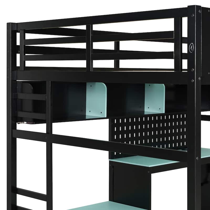 Gaming Loft Bed Full Size Wood Loft Bed with Pegboard PC Desk Computer Case Stand Charging Station LED Lights for Gamers