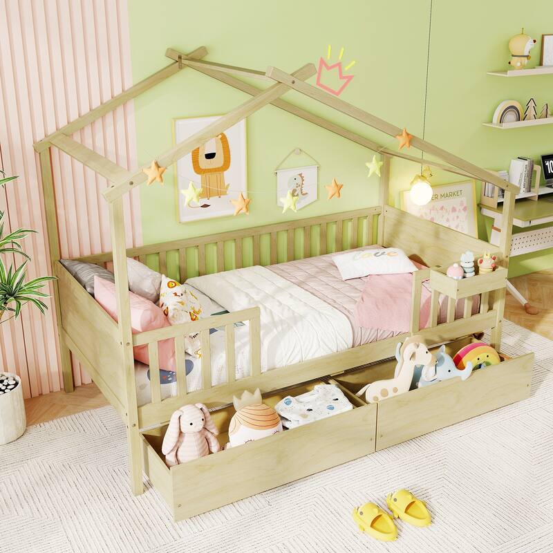 Gymax Twin House Bed w/ 2 Storage Drawers Roof & Fence Rails Headboard