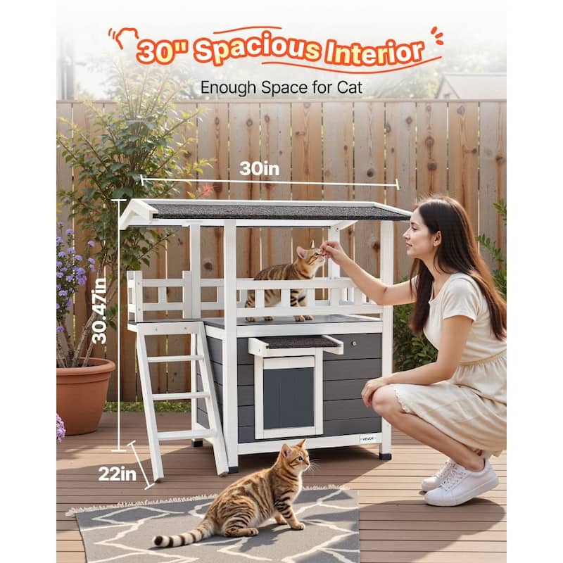 Outdoor Wooden Cat House with Balcony and Waterproof Roof Elevated Shelter for Sunbathing