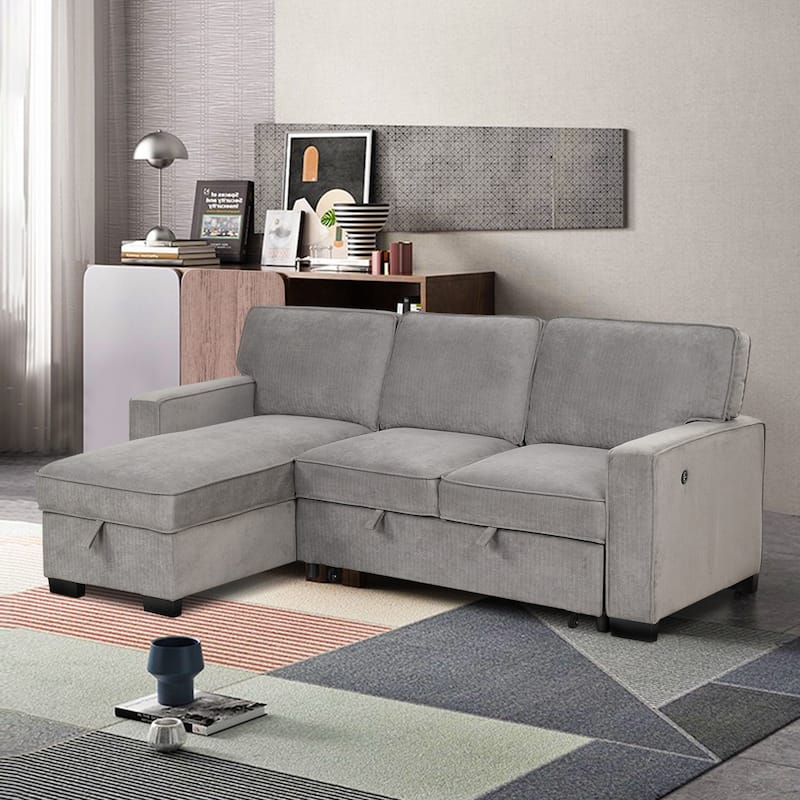 Pull Out Couch Futon Bed with USB Ports and Cup Holders ,Sectional Sofa with Storage Chaise - Grey