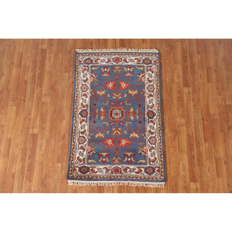 Blue Floral Oushak Indian Area Rug Hand-knotted Wool Carpet - 3'0"x 4'9"