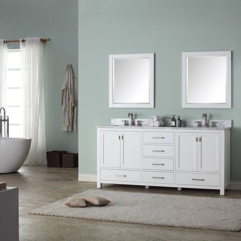 Modero 72 in. Double Sink Bathroom Vanity in White with Carrara Marble Top - 73"W x 22"D x 35"H