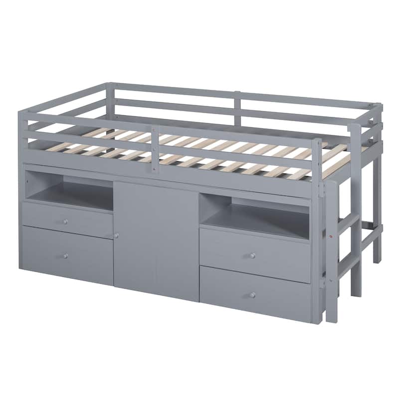 Twin Size Loft Bed with 4 Drawers, Underneath Cabinet and Shelves, Espresso