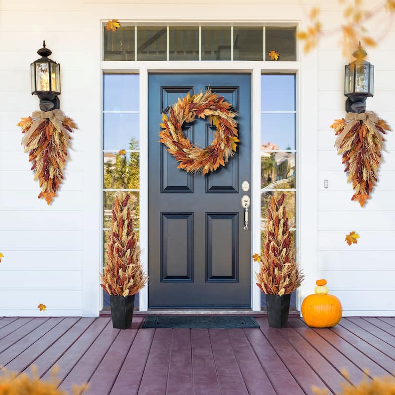 Glitzhome Fall Multi-Colored Sorghum Garland Wreath Swag with Black Metal Wreath Hanger