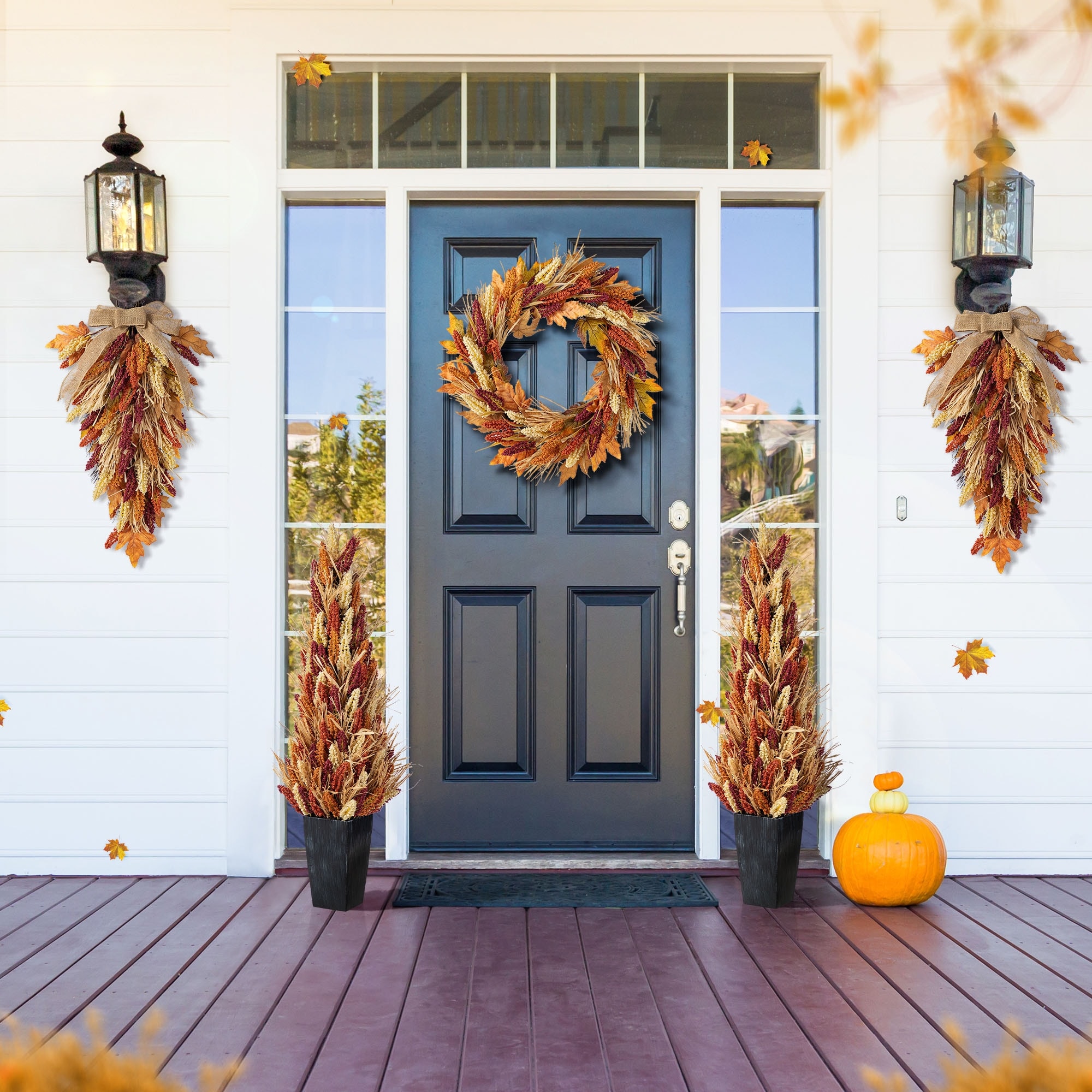 Glitzhome Fall Thanksgiving Artificial Sorghum Garland Wreath Swag Floral Porch Decor