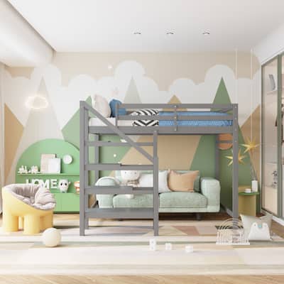 Full Size Loft Bed with Built-in Storage Staircase