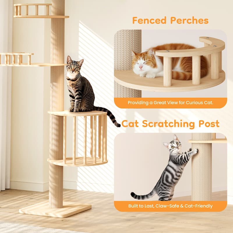 Floor-to-Ceiling Adjustable Cat Tree Tower with Acrylic Capsule - Natural