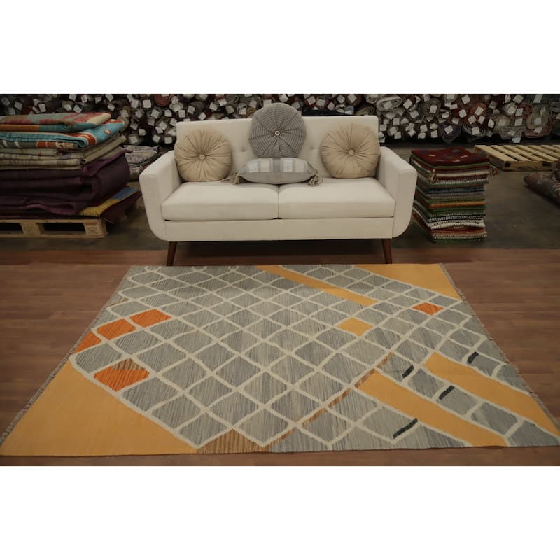 Hand Woven Oriental 100% Wool Carpet Southwestern Modern Greys & Charcoal Kilim Area Rug - 6' 6'' X 4' 9''