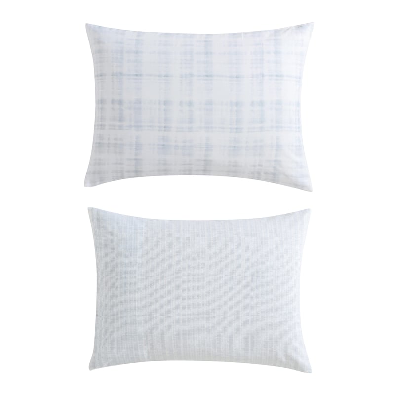 Vera Wang Blurred Plaid Cotton Sateen Textured Reversible Duvet Cover Set (Blue, 3 Piece)