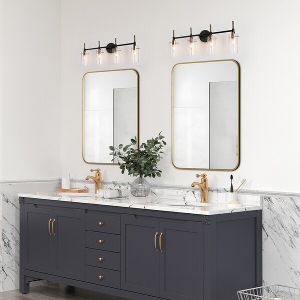 4 Light Black and Gold Bathroom Vanity Lights Cylinder Glass Wall Lamp