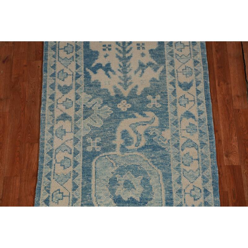 Hand Knotted Oriental 100% Wool Carpet Transitional Geometric Navy Blue & Blues Oushak Runner Rug - 18' 8'' X 3' 2''