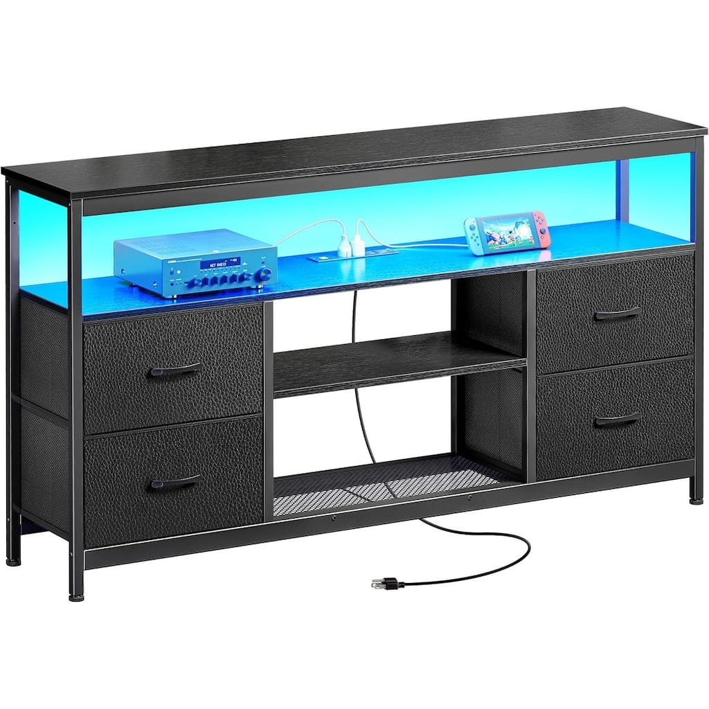 LED TV Stand with Power Outlets, 4 Drawers & Open Shelf, Black PU Finish
