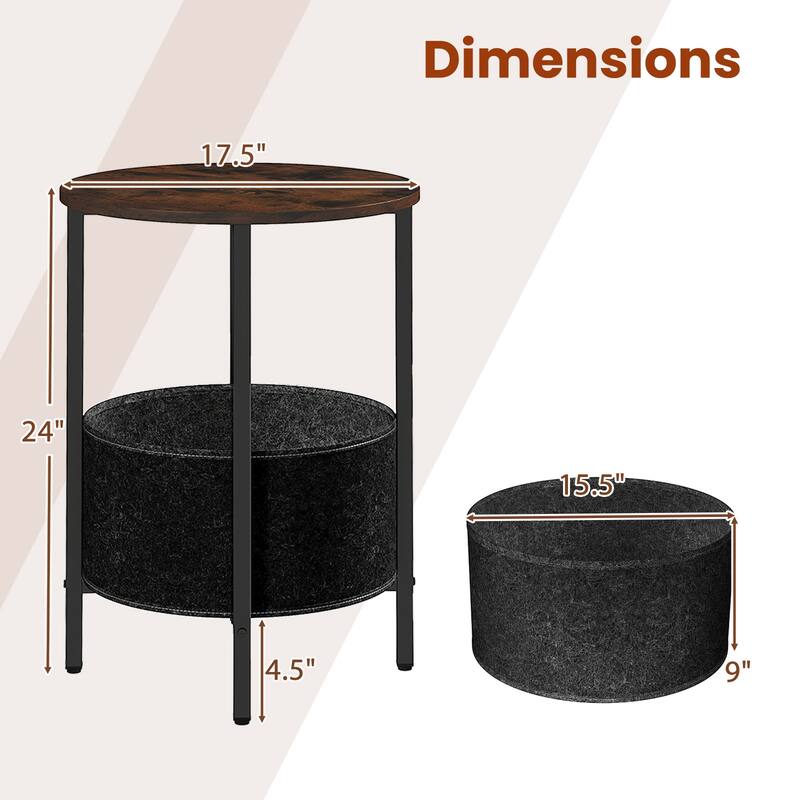 2-Tier Round End Side Table with Metal Frame and Removable Fabric Basket