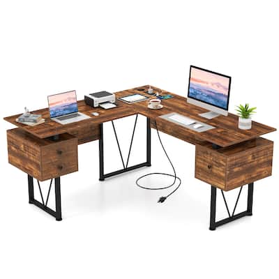 Gymax 59'' L-shaped Computer Desk w/ Charging Station Corner Desk