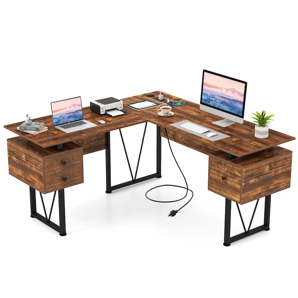 Gymax 59'' L-shaped Computer Desk w/ Charging Station Corner Desk