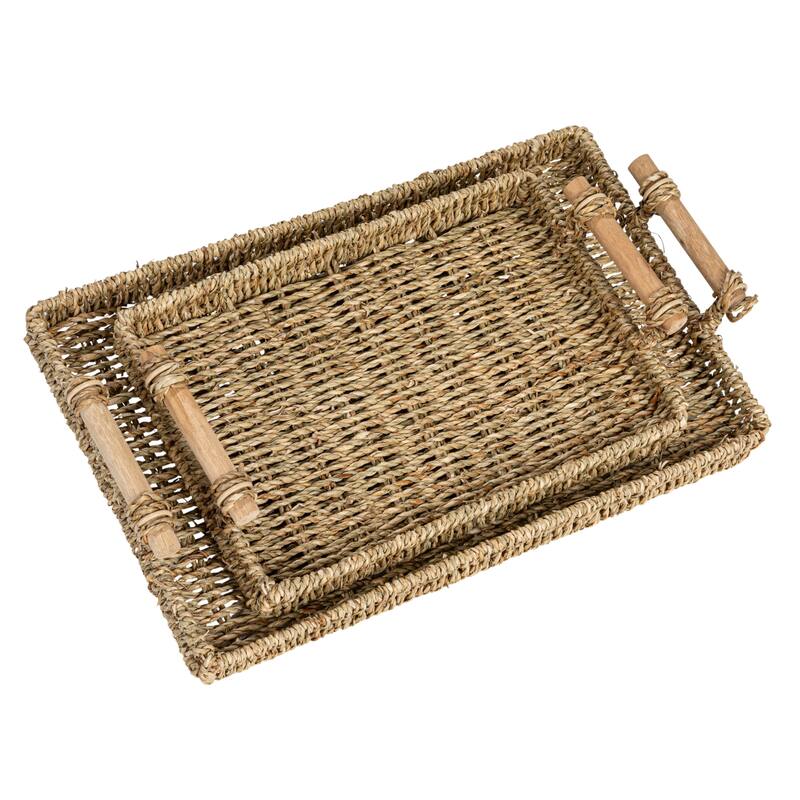 Household Essentials Handwoven Seagrass Tray Set with Wood Handles, Set of 2 - 15.7"L x 9.8"W x 3.1"H