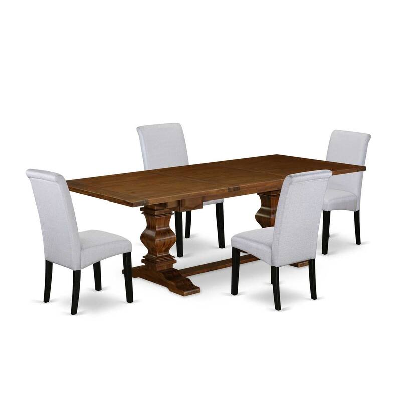 5-Piece Wooden Dining Set - Linen Fabric Parsons Chairs & Table - Antique Walnut & Black Finish - 92