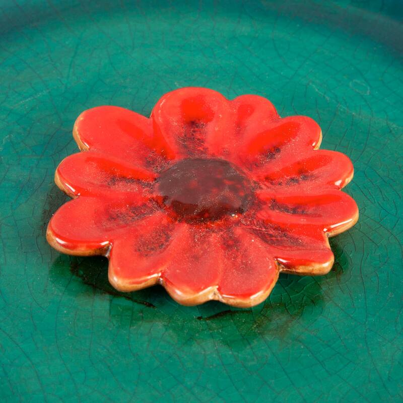 12" Bee Bath, Ceramic, Blue with Red Flower