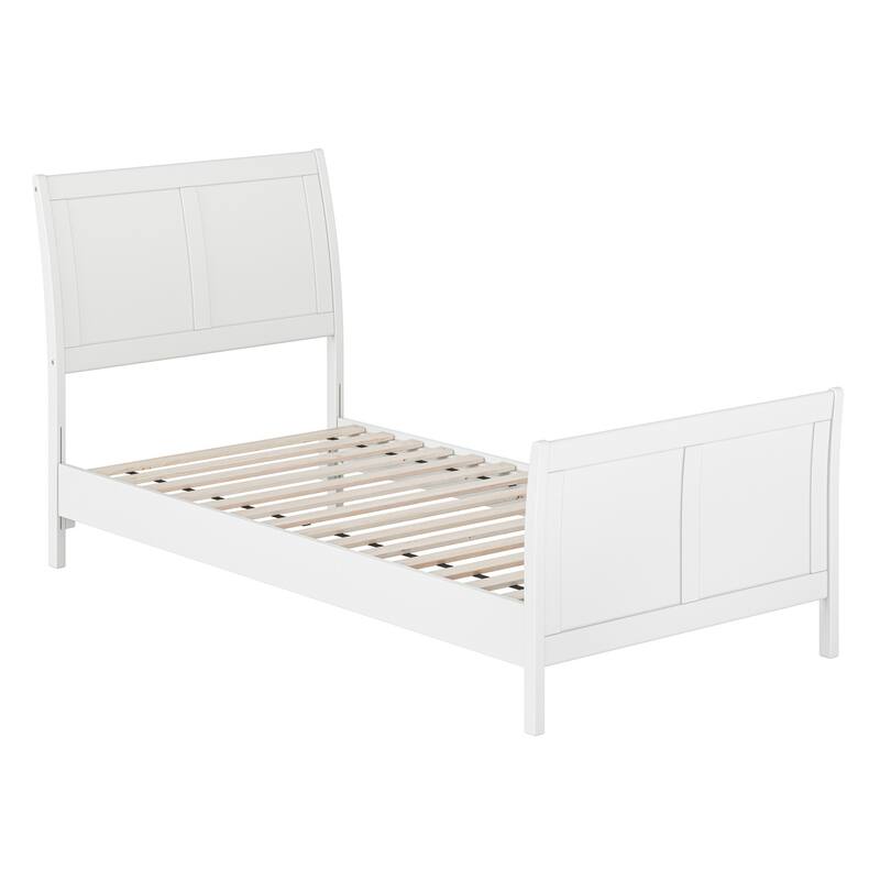 Twin XL Platform Bed Wood Sleigh Low Profile Bed Frame with Footboard - White Finish
