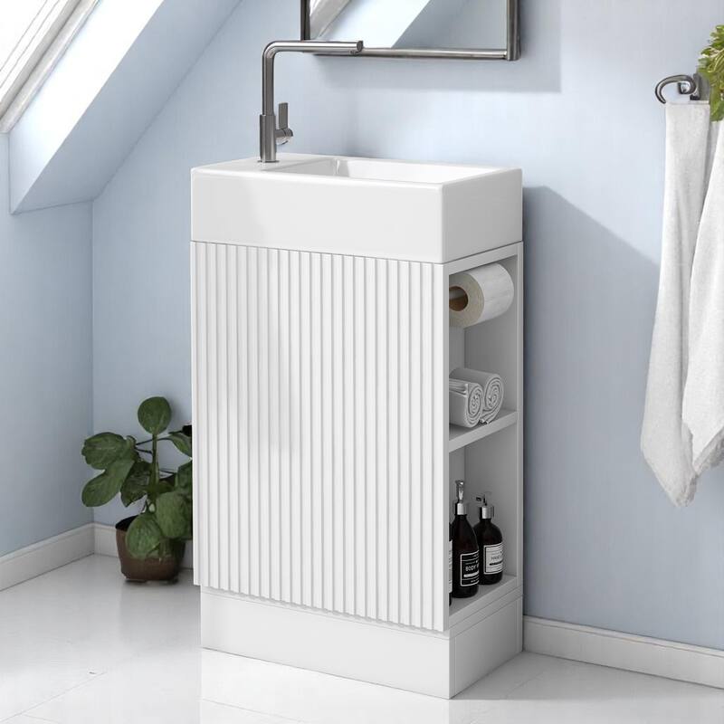 Modern 18.6" Bathroom Vanity with Sink, Two-Tier Shelf, Adjustable Toilet Paper Holder, Freestanding - White