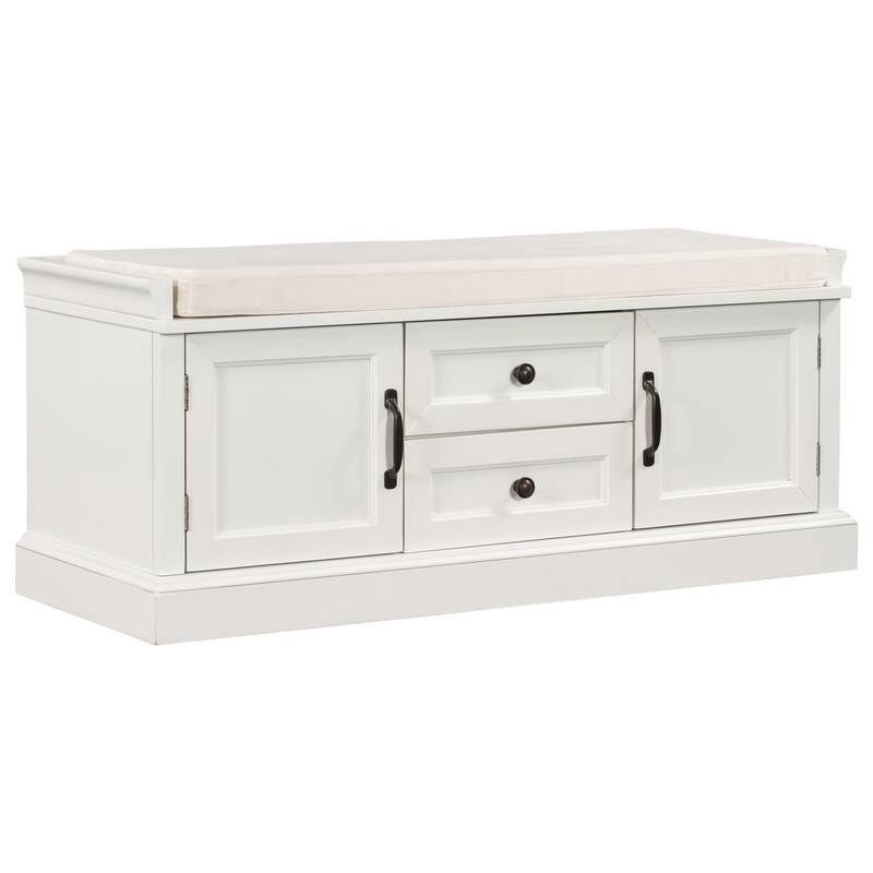 Storage Bench with 2 Drawers, 2 Cabinets and Removable Cushion - 42.5"L x 15.9"W x 17.5"H - White