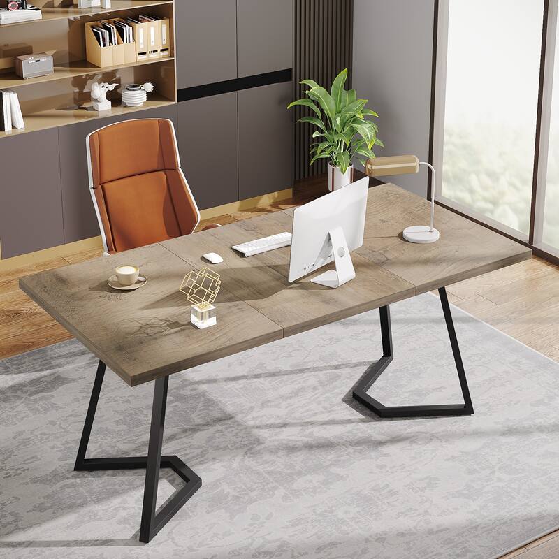 Home Office Computer Desk, White Gold 55 In Faux Marble Executive Desk - Light Brown