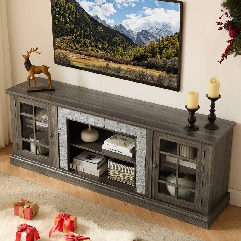 GDFStudio Alice Wood 70" TV Stand with Faux Stone Surround and 2 Door Storage