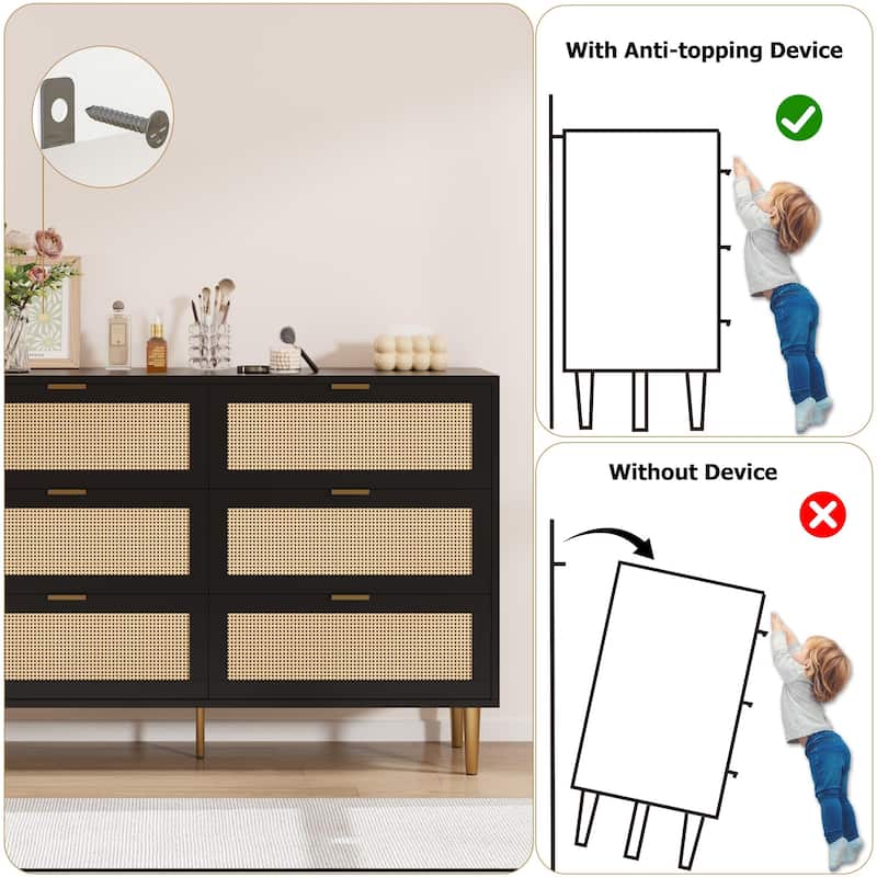 Natural Rattan 6 Drawer Dresser for Bedroom, Chest of Drawers with Gold Legs and Gold Handles, Wide Double Dresser