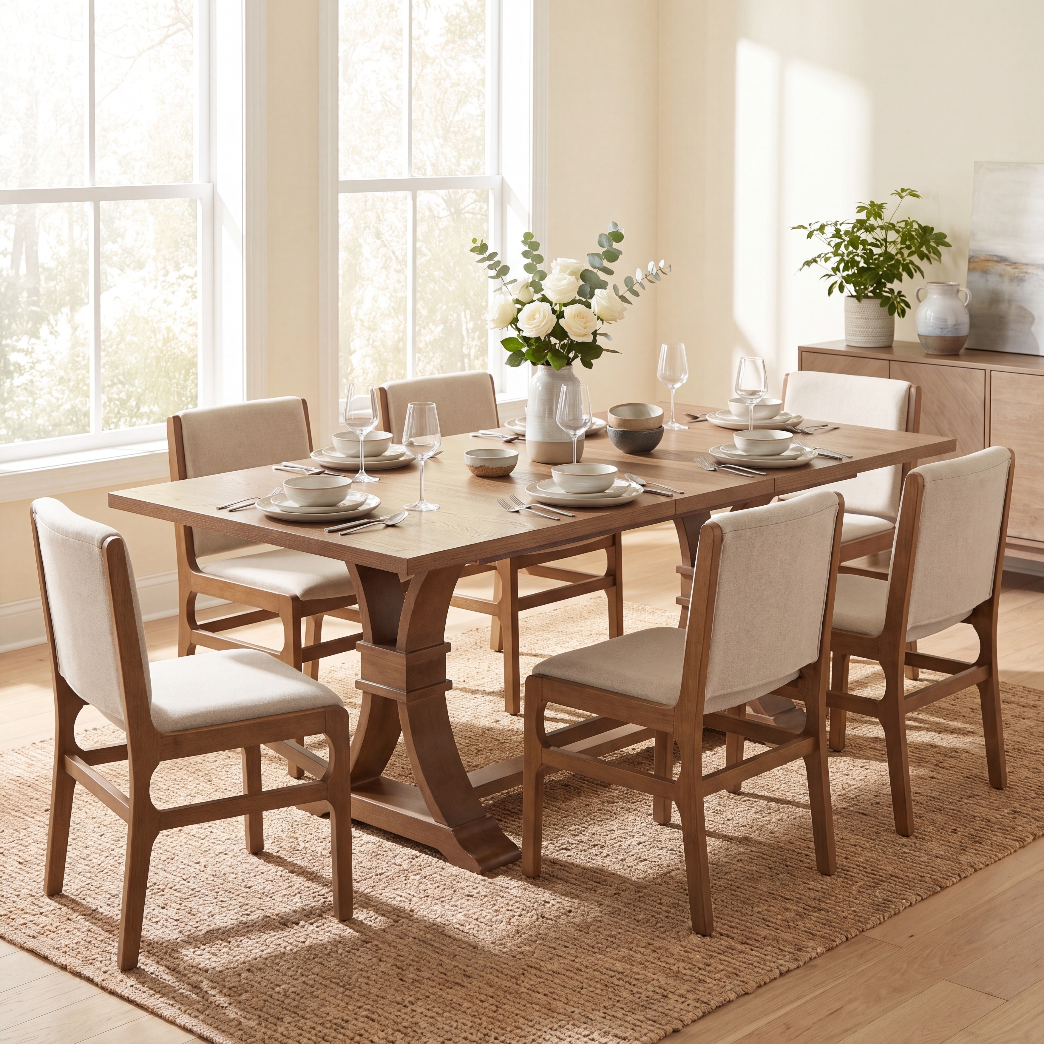 Christopher Knight Home - 7 Piece Extendable Dining Set Solid Rubber Wood Dining Table with 6 Upholstered Dining Chairs