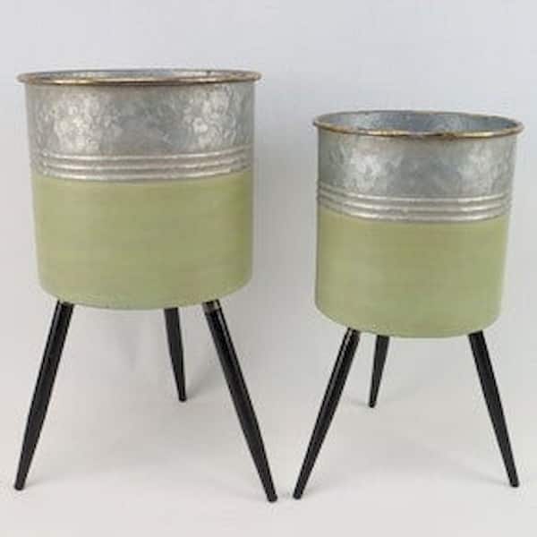 Green Dip And Silver Buckets With Tripod Legs Planters (Set Of 2) Bed