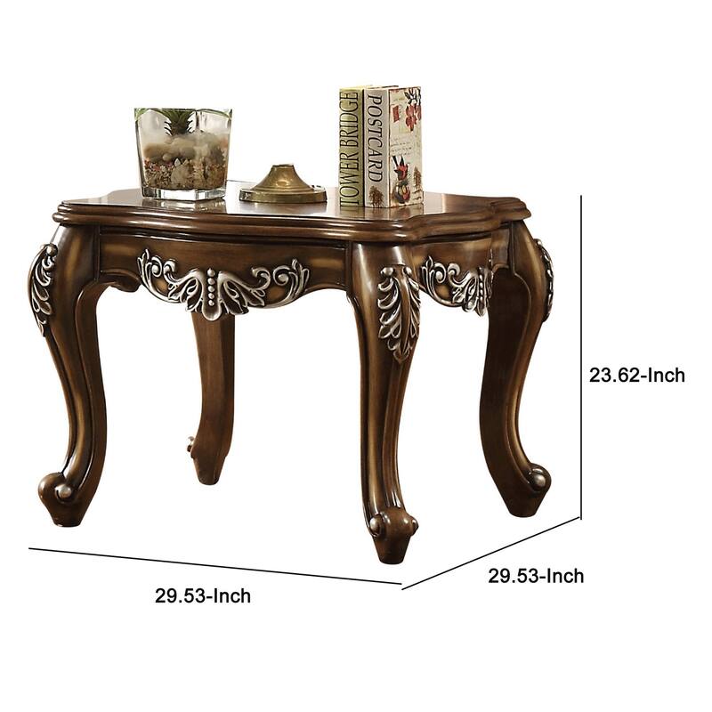 Wooden End Table With Fine Scrolled Work, Antique Oak Brown