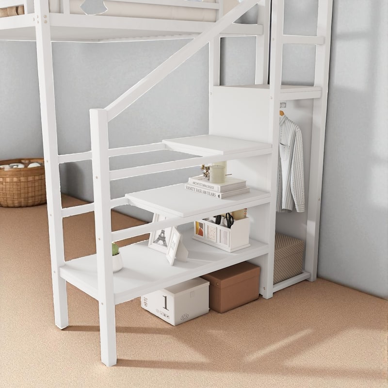 Twin XL Metal Loft Bed with Stairs, Storage Shelves and Wardrobe, High Loft Bed with Under-Bed Space