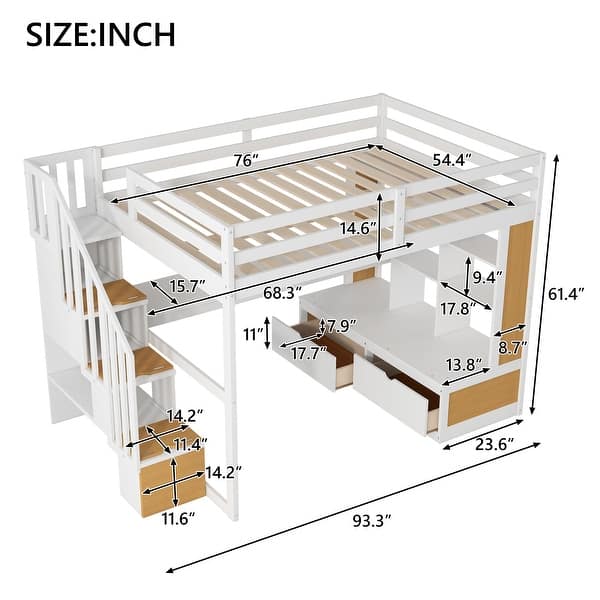 dimension image slide 1 of 2, Full Size Loft Bed with 2 Drawers & Storage Staircase, Solid Wood Loft Bed Frame with Desk, Shelves, Full Length Guardrail