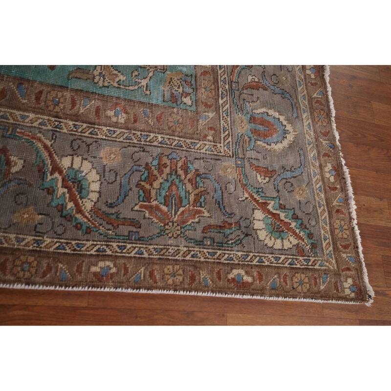Gray Geometric Tabriz Persian Antique Area Rug Handmade Wool Carpet - 10'1" x 12'7"
